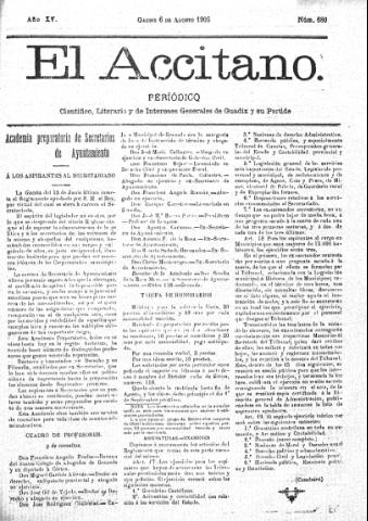 'El accitano  : periódico científico, literario y de intereses generales de Guadix y su partido' - Año XV Número 680  - 1905 agosto 6