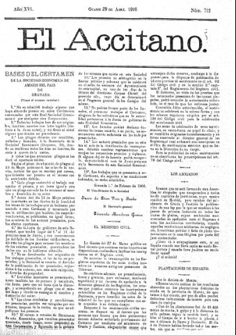 'El accitano  : periódico científico, literario y de intereses generales de Guadix y su partido' - Año XVI Número 712  - 1906 abril 29