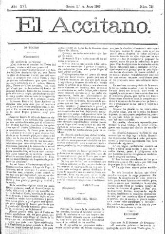 'El accitano  : periódico científico, literario y de intereses generales de Guadix y su partido' - Año XVI Número 721  - 1906 julio 1