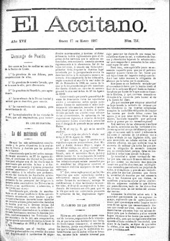 'El accitano  : periódico científico, literario y de intereses generales de Guadix y su partido' - Año XVII Número 753  - 1907 marzo 17