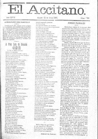 'El accitano  : periódico científico, literario y de intereses generales de Guadix y su partido' - Año XVII Número 760  - 1907 junio 15
