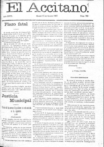 'El accitano  : periódico científico, literario y de intereses generales de Guadix y su partido' - Año XVII Número 769  - 1907 agosto 17