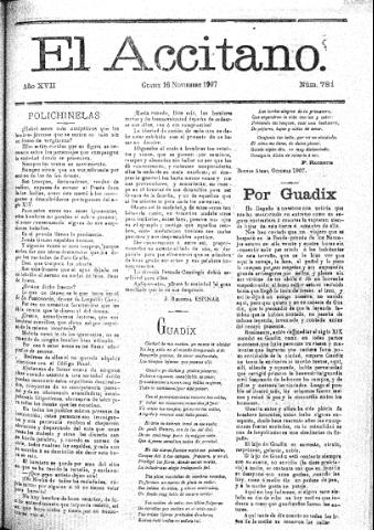'El accitano  : periódico científico, literario y de intereses generales de Guadix y su partido' - Año XVII Número 781  - 1907 noviembre 16