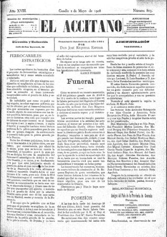 'El accitano  : periódico científico, literario y de intereses generales de Guadix y su partido' - Año XVIII Número 803  - 1908 mayo 2