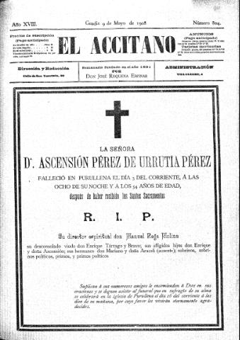 'El accitano  : periódico científico, literario y de intereses generales de Guadix y su partido' - Año XVIII Número 804  - 1908 mayo 9
