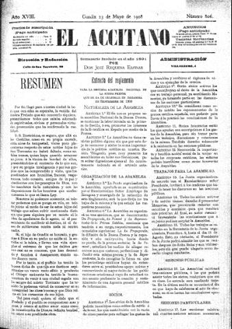 'El accitano  : periódico científico, literario y de intereses generales de Guadix y su partido' - Año XVIII Número 806  - 1908 mayo 23