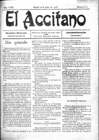 'El accitano  : periódico científico, literario y de intereses generales de Guadix y su partido' - Año XVIII Número 810  - 1908 junio 20