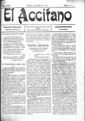 'El accitano  : periódico científico, literario y de intereses generales de Guadix y su partido' - Año XVIII Número 811  - 1908 junio 27