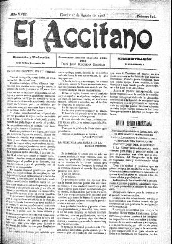 'El accitano  : periódico científico, literario y de intereses generales de Guadix y su partido' - Año XVIII Número 816  - 1908 agosto 1