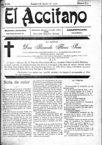 'El accitano  : periódico científico, literario y de intereses generales de Guadix y su partido' - Año XVIII Número 817  - 1908 agosto 8