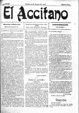 'El accitano  : periódico científico, literario y de intereses generales de Guadix y su partido' - Año XVIII Número 820  - 1908 agosto 29
