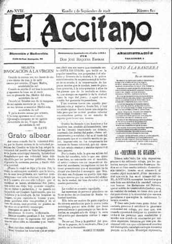 'El accitano  : periódico científico, literario y de intereses generales de Guadix y su partido' - Año XVIII Número 821  - 1908 septiembre 5