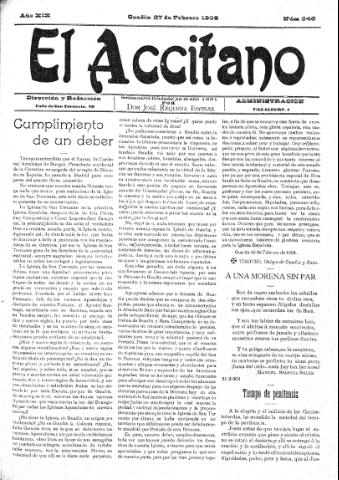 'El accitano  : periódico científico, literario y de intereses generales de Guadix y su partido' - Año XIX Número 846  - 1909 febrero 27
