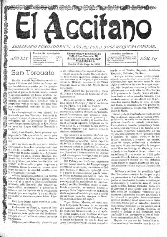 'El accitano  : periódico científico, literario y de intereses generales de Guadix y su partido' - Año XIX Número 857  - 1909 mayo 15