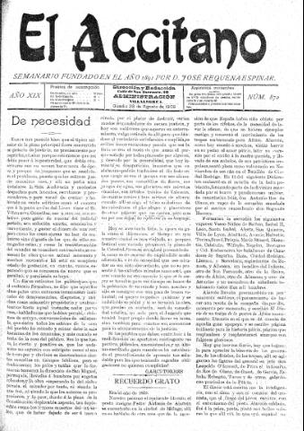 'El accitano  : periódico científico, literario y de intereses generales de Guadix y su partido' - Año XIX Número 872  - 1909 agosto 28