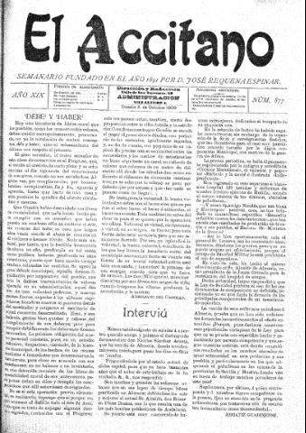 'El accitano  : periódico científico, literario y de intereses generales de Guadix y su partido' - Año XIX Número 877  - 1909 octubre 2