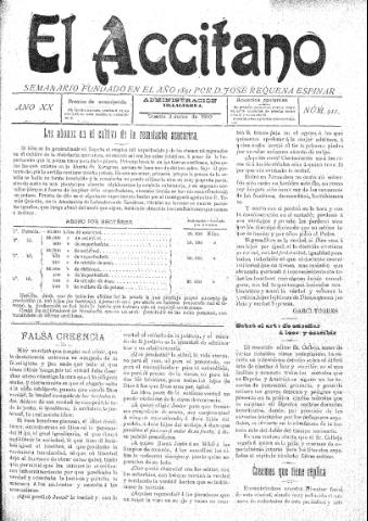 'El accitano  : periódico científico, literario y de intereses generales de Guadix y su partido' - Año XX Número 911  - 1910 junio 3