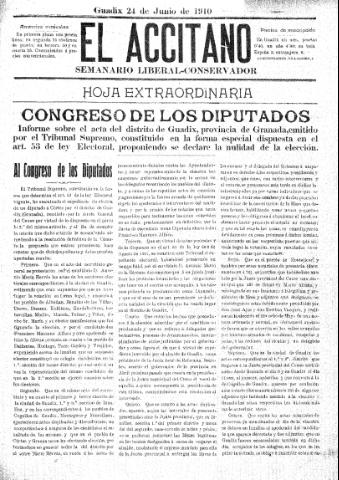 'El accitano  : periódico científico, literario y de intereses generales de Guadix y su partido' - Año XX Número Núm. Extra  - 1910 junio 24