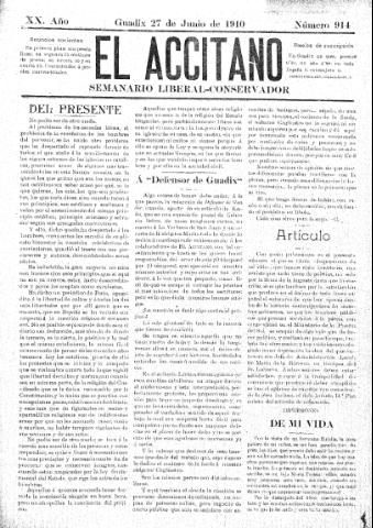 'El accitano  : periódico científico, literario y de intereses generales de Guadix y su partido' - Año XX Número 914  - 1910 junio 27