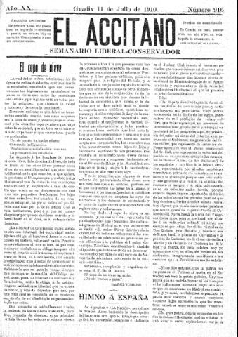 'El accitano  : periódico científico, literario y de intereses generales de Guadix y su partido' - Año XX Número 916  - 1910 julio 11