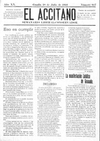 'El accitano  : periódico científico, literario y de intereses generales de Guadix y su partido' - Año XX Número 917  - 1910 julio 18