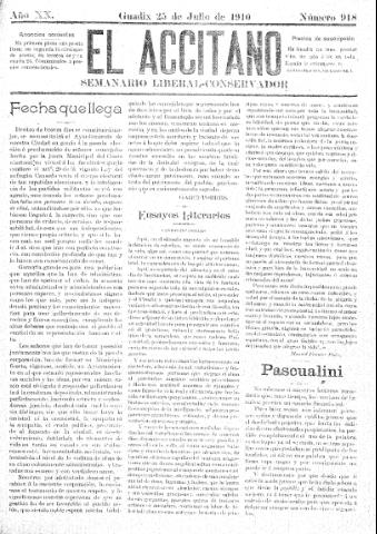 'El accitano  : periódico científico, literario y de intereses generales de Guadix y su partido' - Año XX Número 918  - 1910 julio 25
