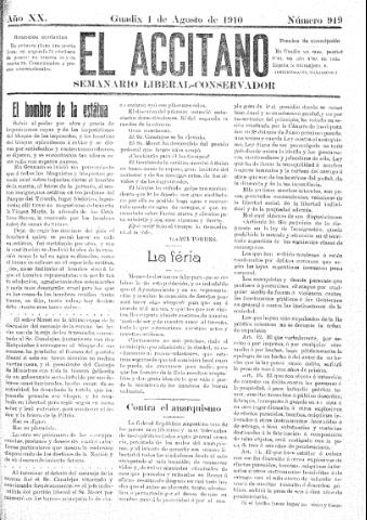 'El accitano  : periódico científico, literario y de intereses generales de Guadix y su partido' - Año XX Número 919  - 1910 agosto 1