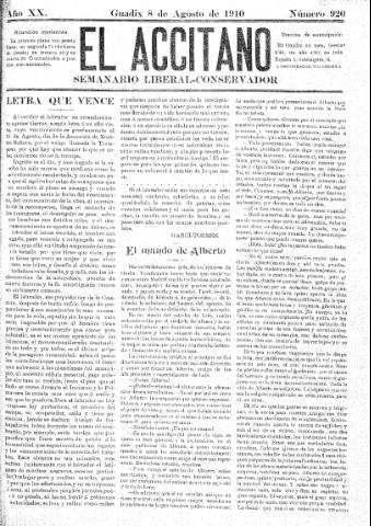 'El accitano  : periódico científico, literario y de intereses generales de Guadix y su partido' - Año XX Número 920  - 1910 agosto 8