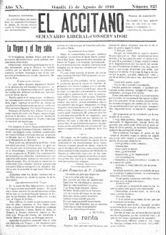 'El accitano  : periódico científico, literario y de intereses generales de Guadix y su partido' - Año XX Número 921  - 1910 agosto 15