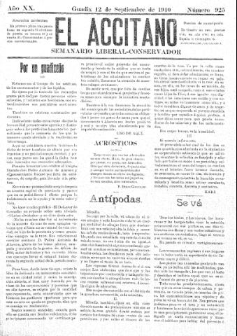 'El accitano  : periódico científico, literario y de intereses generales de Guadix y su partido' - Año XX Número 925  - 1910 septiembre 12