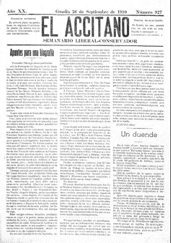 'El accitano  : periódico científico, literario y de intereses generales de Guadix y su partido' - Año XX Número 927  - 1910 septiembre 26