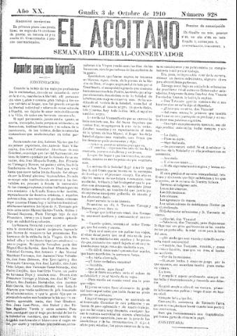 'El accitano  : periódico científico, literario y de intereses generales de Guadix y su partido' - Año XX Número 928  - 1910 octubre 3