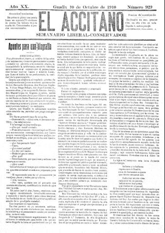 'El accitano  : periódico científico, literario y de intereses generales de Guadix y su partido' - Año XX Número 929  - 1910 octubre 10