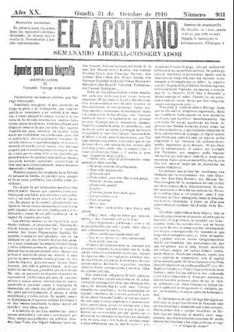 'El accitano  : periódico científico, literario y de intereses generales de Guadix y su partido' - Año XX Número 931  - 1910 octubre 31