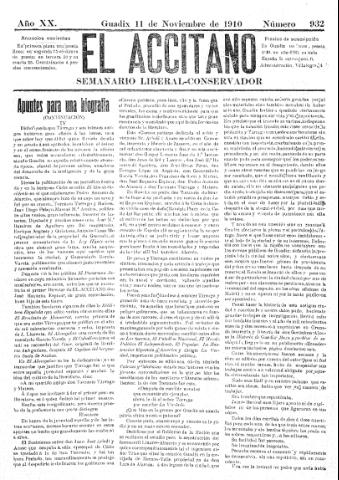 'El accitano  : periódico científico, literario y de intereses generales de Guadix y su partido' - Año XX Número 932  - 1910 noviembre 11
