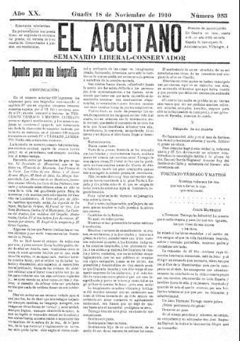 'El accitano  : periódico científico, literario y de intereses generales de Guadix y su partido' - Año XX Número 933  - 1910 noviembre 18