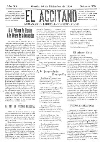 'El accitano  : periódico científico, literario y de intereses generales de Guadix y su partido' - Año XX Número 935  - 1910 diciembre 16