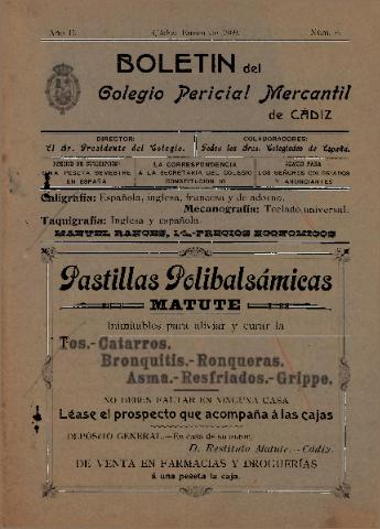'Boletín del Colegio Pericial Mercantil de Cádiz' - Año II Número 6 - 1909 enero 1