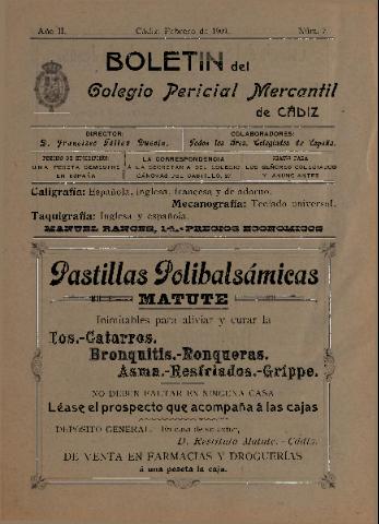 'Boletín del Colegio Pericial Mercantil de Cádiz' - Año II Número 7 - 1909 febrero 1