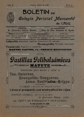 'Boletín del Colegio Pericial Mercantil de Cádiz' - Año II Número 9 - 1909 abril 1