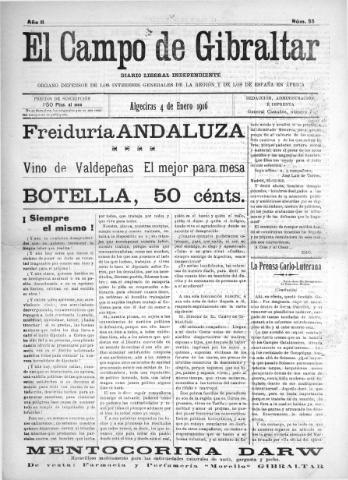 'El Campo de Gibraltar  : Diario liberal independiente' - Año II Número 55 - 1916 enero 4