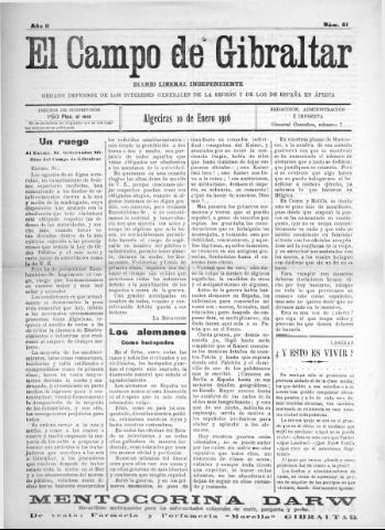'El Campo de Gibraltar  : Diario liberal independiente' - Año II Número 61 - 1916 enero 10