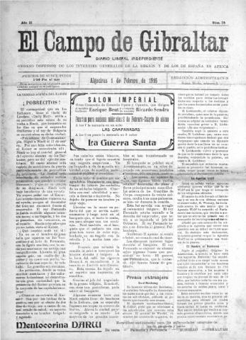 'El Campo de Gibraltar  : Diario liberal independiente' - Año II Número 75 - 1916 febrero 1