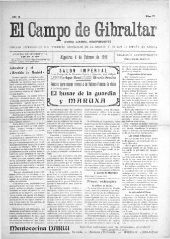 'El Campo de Gibraltar  : Diario liberal independiente' - Año II Número 77 - 1916 febrero 3