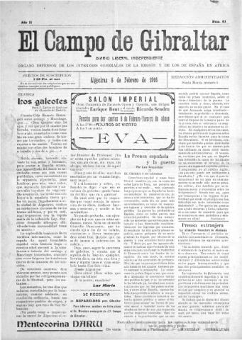 'El Campo de Gibraltar  : Diario liberal independiente' - Año II Número 81 - 1916 febrero 8