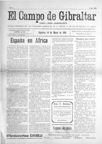 'El Campo de Gibraltar  : Diario liberal independiente' - Año II Número 108 - 1916 marzo 10