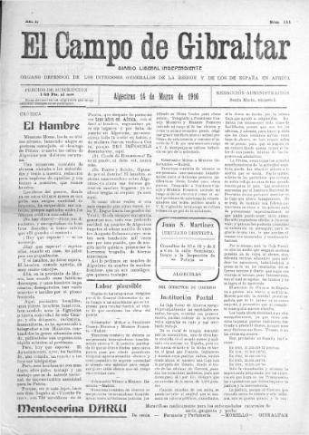 'El Campo de Gibraltar  : Diario liberal independiente' - Año II Número 111 - 1916 marzo 14