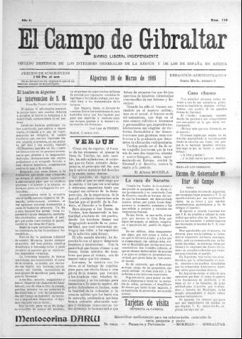 'El Campo de Gibraltar  : Diario liberal independiente' - Año II Número 116 - 1916 marzo 20