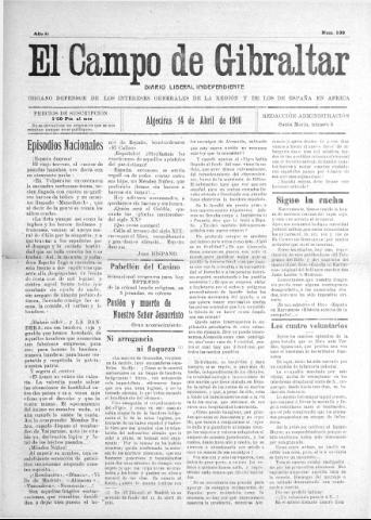 'El Campo de Gibraltar  : Diario liberal independiente' - Año II Número 138 - 1916 abril 14