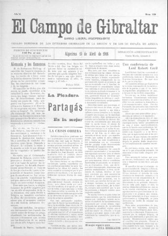 'El Campo de Gibraltar  : Diario liberal independiente' - Año II Número 139 - 1916 abril 15